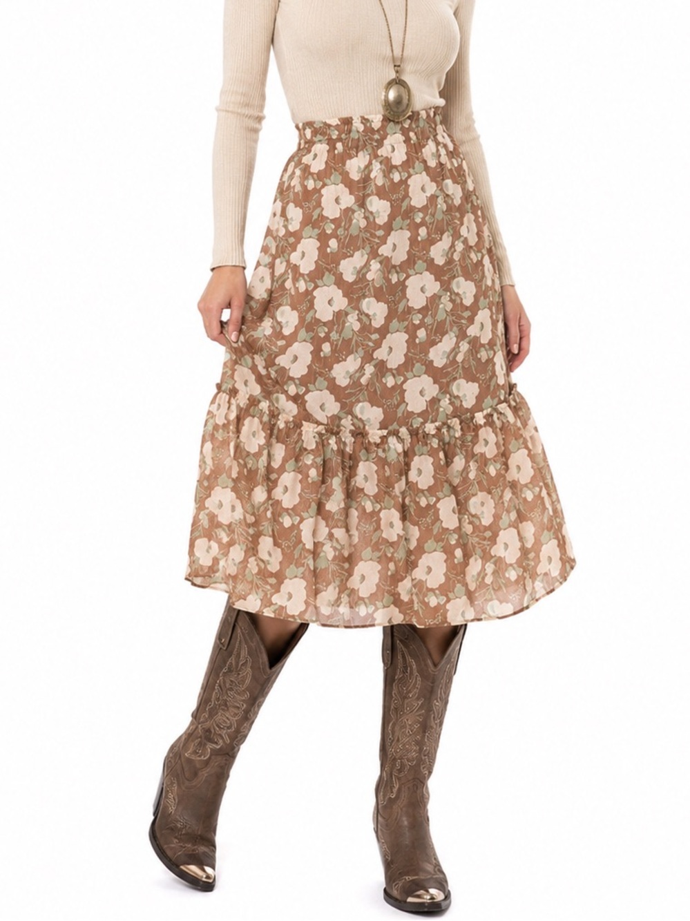LC Lauren Conrad L Floral Tiered Midi Skirt Cottagecore Fairycore Bohemian Farm